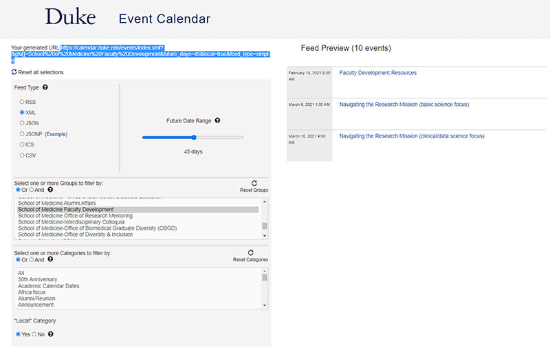 Import Events from the Duke Event Calendar SOM Federated Model