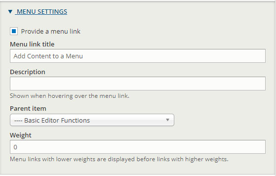 Screenshot of menu settings tab