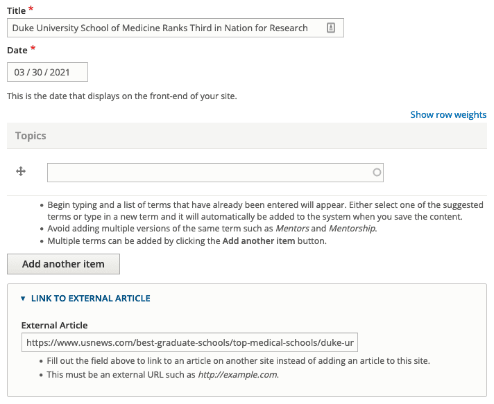 Fields for adding News or a Blog Post as a link to an external article.