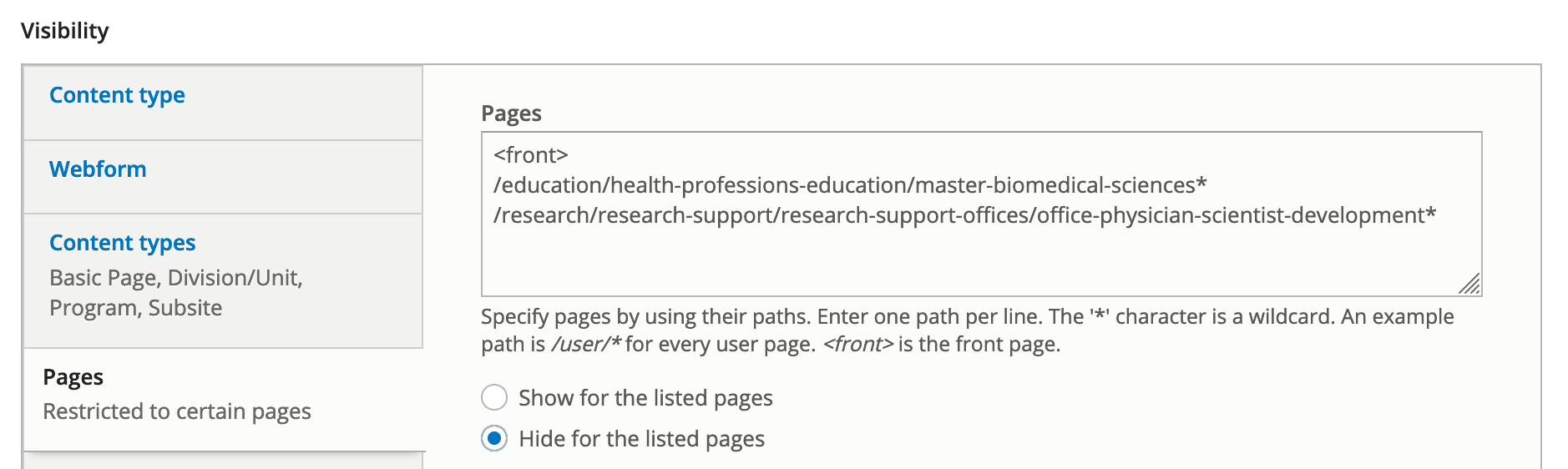 Block configuration - hide for listed pages