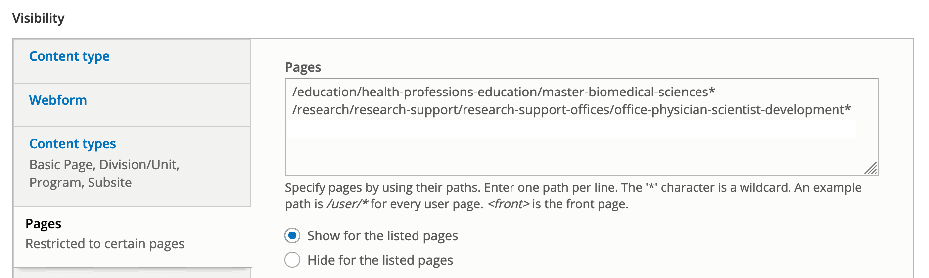 Block configuration - show for the listed pages