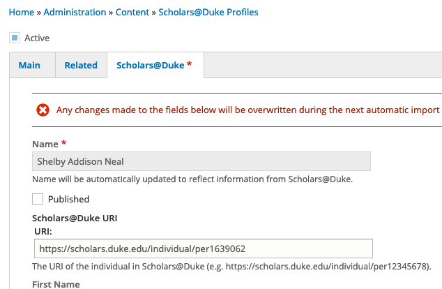 Unpublish a Scholars profile check box