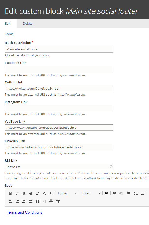 Screen capture of the link fields for the Main site social footer block