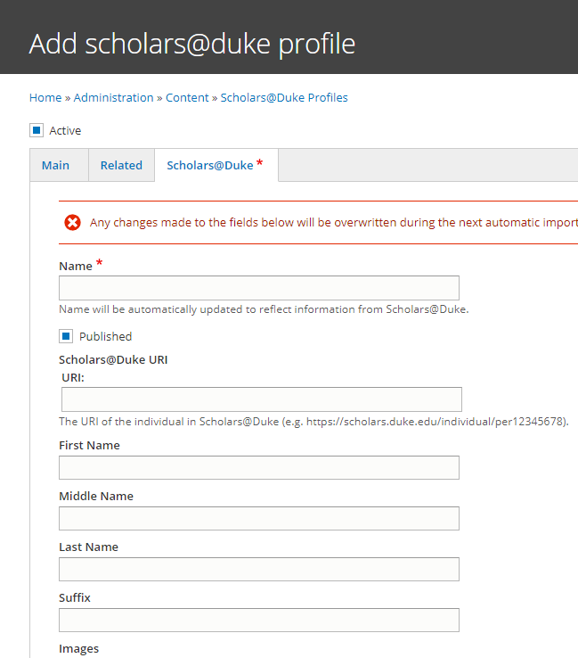Screen capture of the Scholars@Duke widget creation form for a profile