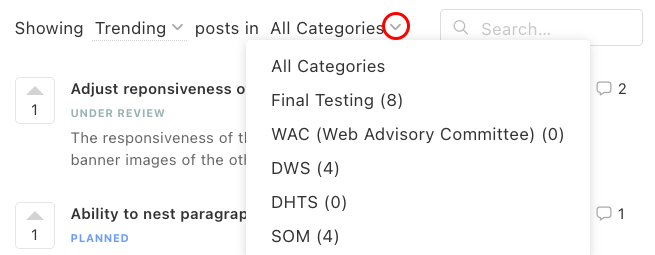 Canny.io filter by category menu