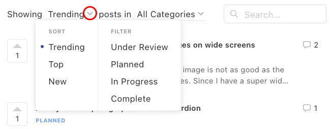 Canny.io menu with sorting and filtering by Status option shown
