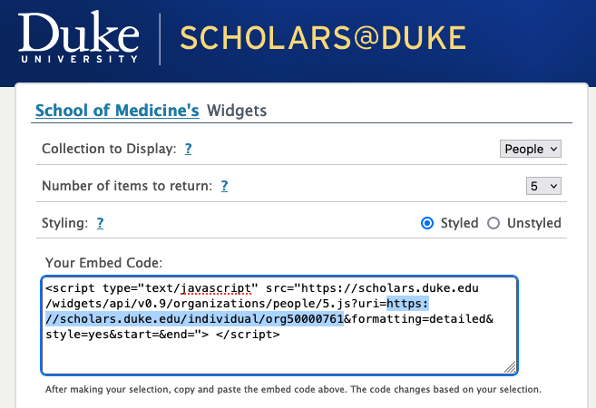 Screen capture of the Scholars@Duke widget creation form for an organization