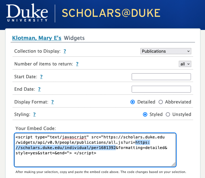 Screen capture of the Scholars@Duke widget creation form for a profile