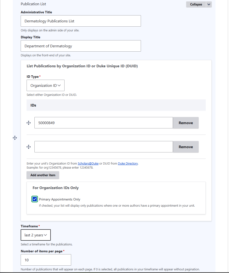 Screenshot of Form for adding a Publication List