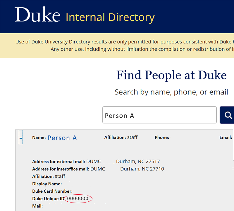 Screenshot of the Duke Directory with the DUID circled