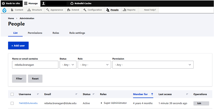 Screenshot of the People page on a Drupal Website