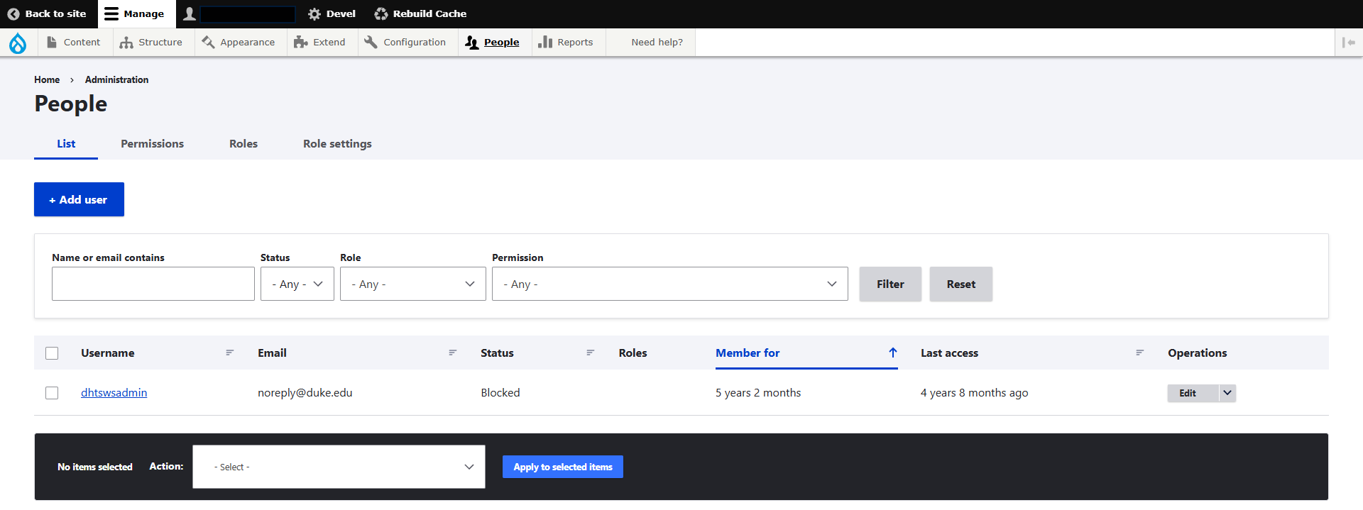 Screenshot of the People page on a Drupal Website