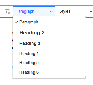 Screenshot of heading options on toolbar