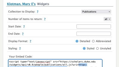 Screen capture of the Scholars@Duke widget creation form for a profile