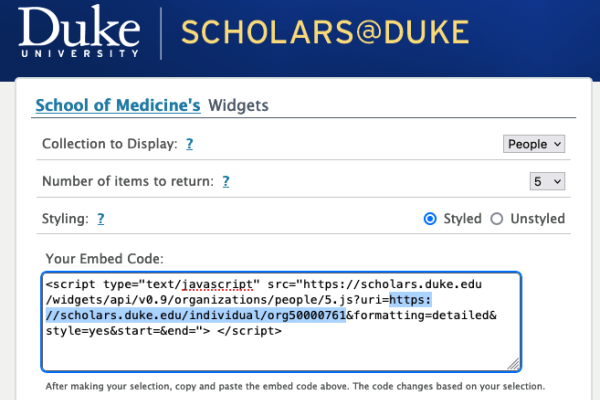 Screen capture of the Scholars@Duke widget creation form