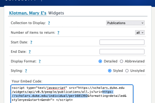 Screen capture of the Scholars@Duke widget creation form for a profile