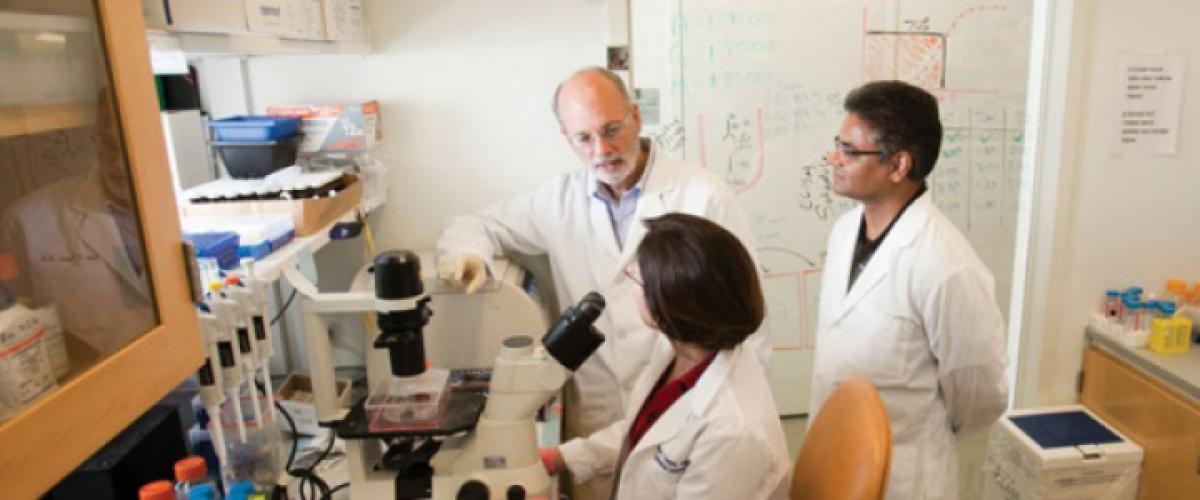 three researchers in a lab talking to each other in front of a microscope