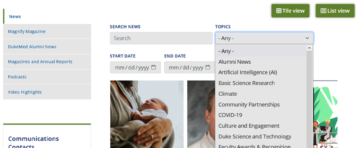 Screenshot of the topic list from the School of Medicine Website's News page
