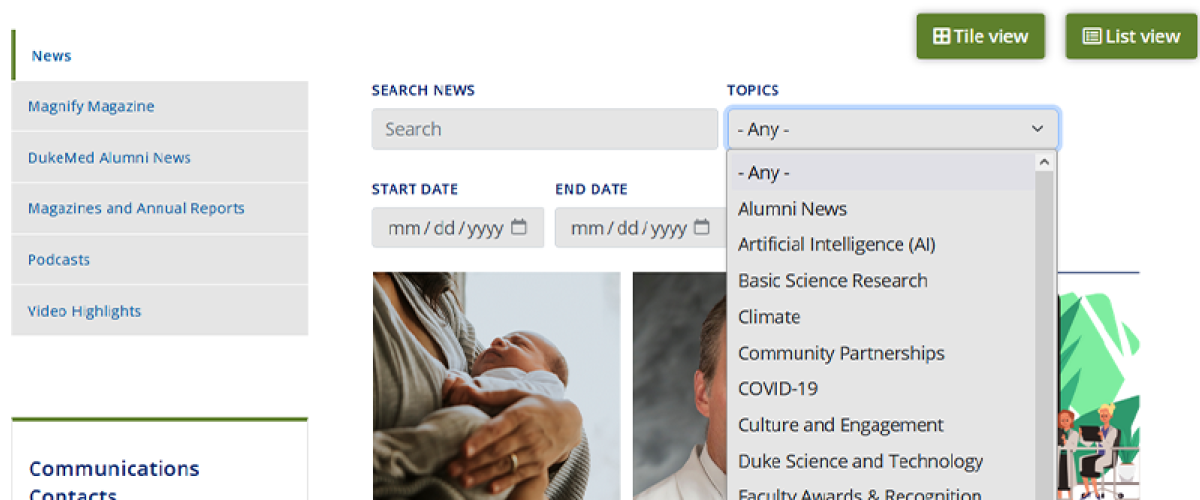 Screenshot of the topic list from the School of Medicine Website's News page