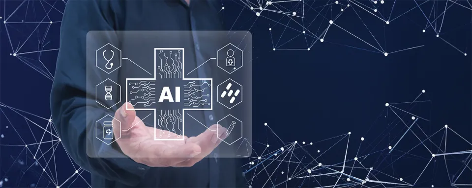 Hand in a blue sweatshirt holding an AI logo