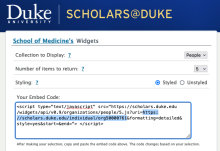 Screen capture of the Scholars@Duke widget creation form