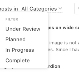 Canny.io menu with sorting and filtering by Status option shown