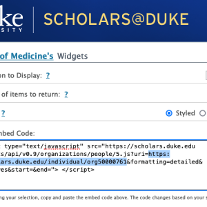 Screen capture of the Scholars@Duke widget creation form