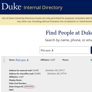 Screenshot of the Duke Directory with the DUID circled